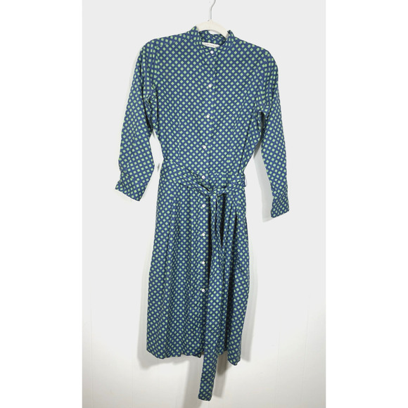 Ann Mashburn Button Front Midi Shirt Dress Blue Green Geometric Tie Waist Medium - Picture 1 of 12